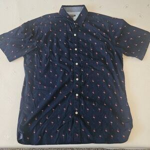 Van Heusen Never Tuck Mens's Short Sleeve Button Up Navy Blue Flamingo Sz Large